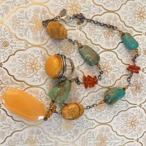 Boho Necklace in Amber Turquoise and Tiger Eye with Amber Ring in Sterling